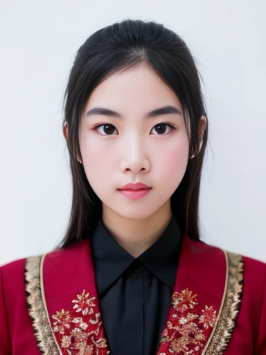 (masterpiece), (extremely intricate:1.3),, (realistic), inkekirei in red wool suit, Clear facial features, black hair, Happy, in front of white flat color background, the most beautiful in the world, full body, photo studios, professional photograph of a s...