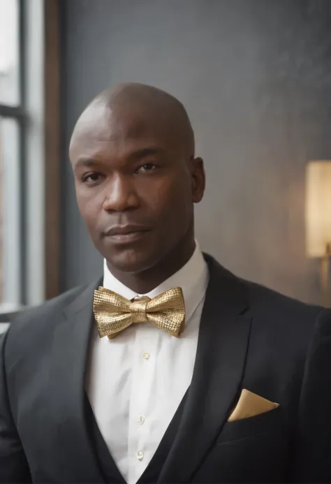   FULL-BODIE BIG AGED AFRICAN  BUSINESSMAN IN BLACK VERSACCI SUIT WITH GOLDEN BOWTIE, MODERN OFFICE BACKGROUND