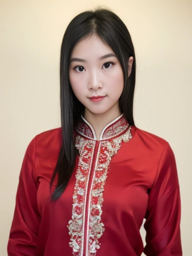 (masterpiece), (extremely intricate:1.3),, (realistic), inkekirei in red silk shirt, Clear facial features, black hair, Happy, in front of white flat color background, the most beautiful in the world, full body, photo studios, professional photograph of a ...