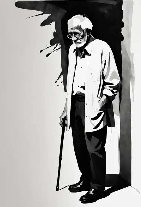 (ink style art), abstract painting, one old man wallpaper, A work expressing the loneliness of the elderly, vector style, black ink, white background, Simple style, Bold brush strokes, high quality, Outlined in black ink, the figure is depicted with smooth...