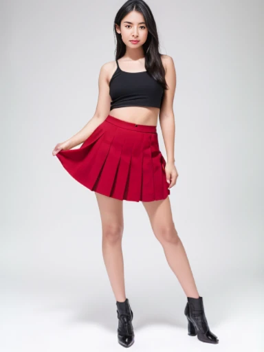 (masterpiece), (extremely intricate:1.3),, (realistic), inkekirei in Red ((red skirt)), Clear facial features, black hair, Happy, in front of white flat color background, the most beautiful in the world, full body, photo studios, professional photograph of...