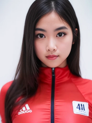 (masterpiece), (extremely intricate:1.3),, (realistic), inkekirei in Red ((red long training suit)), Clear facial features, black hair, Happy, in front of white flat color background, the most beautiful in the world, full body, photo studios, professional ...