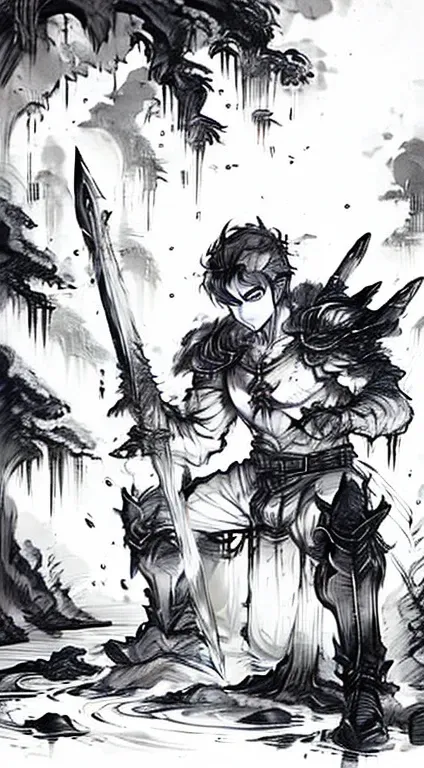 1boy, Guts from berserk, swordsman, holding a greatsword, Dragonslayer, ink painting, manga ink, black and white, hyperdetailed, extreme detail, ink splash, anger, fluid lines