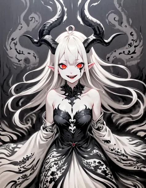 albino demon girl, from above, upper body, slit pupil eyes, long dress, elaborately designed clothes, intricate horns, laugh, ((ink painting)), dark theme, pale demon, Outlined in black ink, the figure is depicted with smooth lines, expressing emotions and...