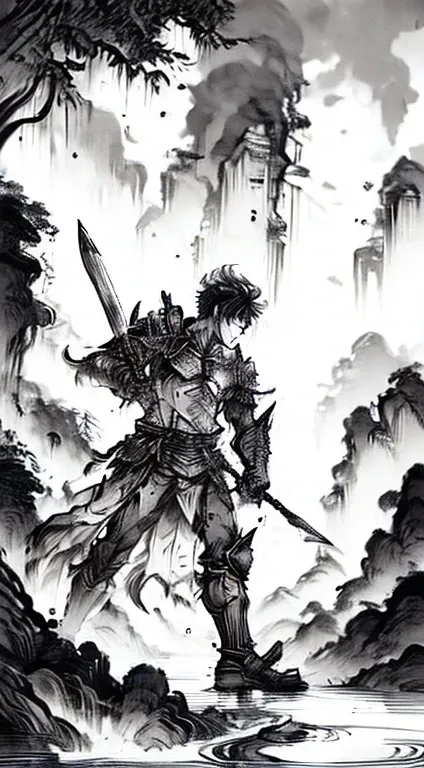 1boy, Guts from berserk, swordsman, holding a greatsword, Dragonslayer, ink painting, manga ink, black and white, hyperdetailed, extreme detail, ink splash, anger, fluid lines