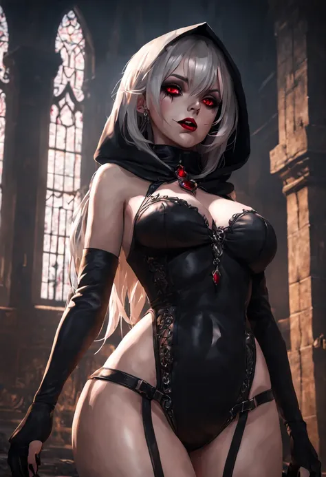 (Best quality, 8K, masterpiece: 1.3)), ((1 girl:1.5)), thin abs, beauty: 1.3, Gothic, gothic castle, Horror atmosphere, BLACK HOOD, vampire fangs, scarlet eyes, scarlet eyes светятся в темноте, open mouth, sticking out tongue, Dropping saliva, seduction, R...