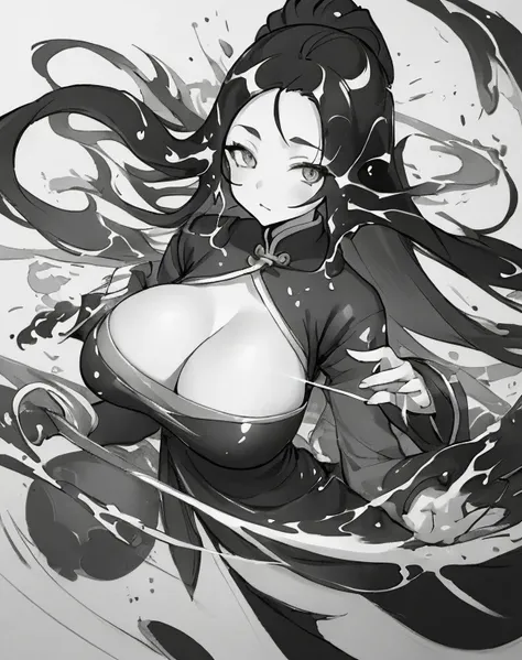 zydink, monochrome, ink sketch, 1women, asian (young women), (long hair), looking at viewer, long hair, floating hair, long sleeve dress, cleavage, gigantic breasts, (abstract ink splash:1.2), white background