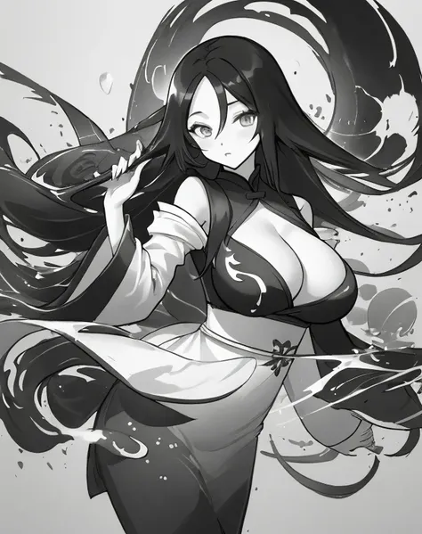 zydink, monochrome, ink sketch, 1women, asian (young women), (long hair), looking at viewer, long hair, floating hair, long sleeve dress, cleavage, gigantic breasts, (abstract ink splash:1.2), white background