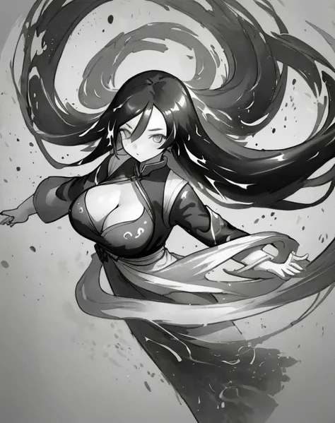 zydink, monochrome, ink sketch, 1women, asian (young women), (long hair), looking at viewer, long hair, floating hair, long sleeve dress, cleavage, gigantic breasts, (abstract ink splash:1.2), white background