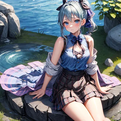 patina hair、blue eyes、Braid、ponytail、one good looking girl、solo、anime、Plaid miniskirt、camisole、black t-shirt、Tilting your face、Doing the ribbon、Ribbon at waist、Raising legs、cloak、the ground is cracked、Shortness of breath、sitting on a stone、Crystal Grotto