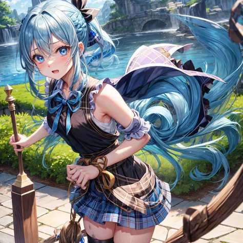 patina hair、blue eyes、Braid、ponytail、one good looking girl、solo、anime、Plaid miniskirt、camisole、black t-shirt、Tilting your face、Doing the ribbon、Ribbon at waist、Raising legs、cloak、the ground is cracked、Shortness of breath、Crystal Grotto