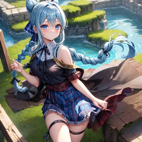 patina hair、blue eyes、Braid、ponytail、one good looking girl、solo、anime、Plaid miniskirt、camisole、black t-shirt、Tilting your face、Doing the ribbon、Ribbon at waist、Raising legs、cloak、the ground is cracked、Shortness of breath、Crystal Grotto