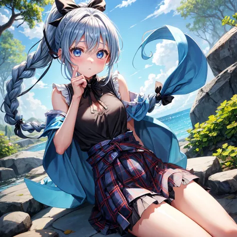 patina hair、blue eyes、Braid、ponytail、one good looking girl、solo、anime、Plaid miniskirt、camisole、black t-shirt、Tilting your face、Doing the ribbon、Ribbon at waist、Raising legs、cloak、the ground is cracked、Shortness of breath、Crystal Grotto