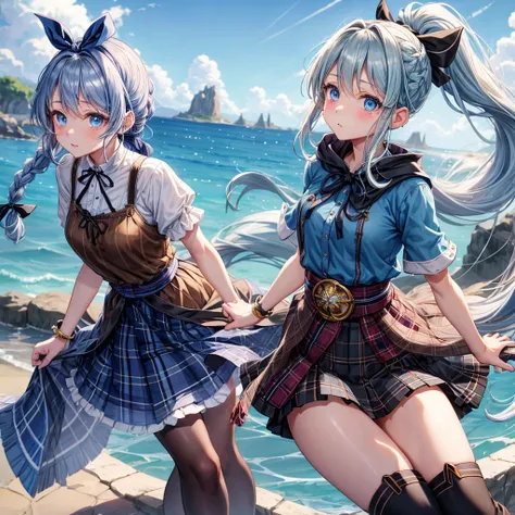 patina hair、blue eyes、Braid、ponytail、one good looking girl、solo、anime、Plaid miniskirt、camisole、black t-shirt、Tilting your face、Doing the ribbon、Ribbon at waist、Raising legs、cloak、the ground is cracked、Shortness of breath、Crystal Grotto