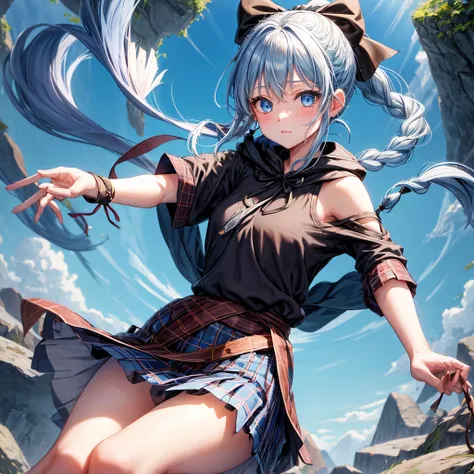 patina hair、blue eyes、Braid、ponytail、one good looking girl、solo、anime、Plaid miniskirt、camisole、black t-shirt、Tilting your face、Doing the ribbon、Ribbon at waist、Raising legs、cloak、the ground is cracked、Shortness of breath、Crystal Grotto、wearing a hood