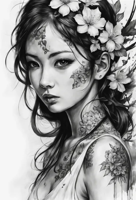 1girl, high resolution black & white ink paint stroked japanese tattoo