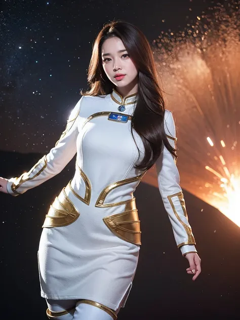 highest quality、masterpiece、ultra high resolution、(realistic:1.4)、Beautiful woman、Take a full body photo、beautiful eyes and skin details、smile、Light brown long hair、colorful space suit costume、outer space、Planetary collision、Explosion in the background、(((...