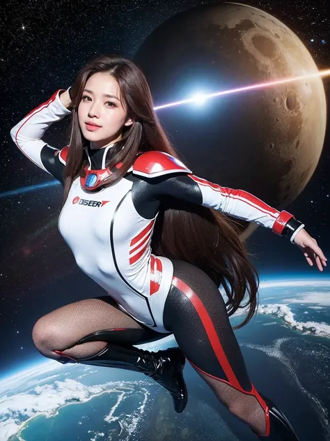 highest quality、masterpiece、ultra high resolution、(realistic:1.4)、Beautiful woman、Take a full body photo、beautiful eyes and skin details、smile、Light brown long hair、colorful space suit costume、outer space、Planetary collision、Explosion in the background、(((...