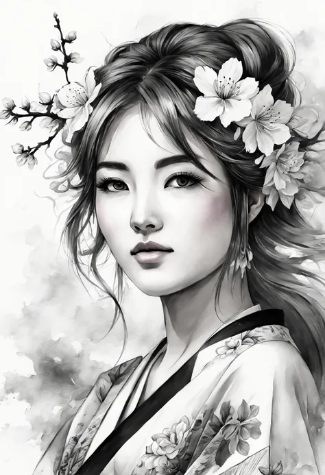 1girl, high resolution (Black & White Ink paint:1.5) stroked japanese tattoo, (best quality,4k,8k,highres,masterpiece:1.2), ultra-detailed, extreme detail description, professional, portraits, delicate cherry blossoms, flowing waves, serene expression, str...