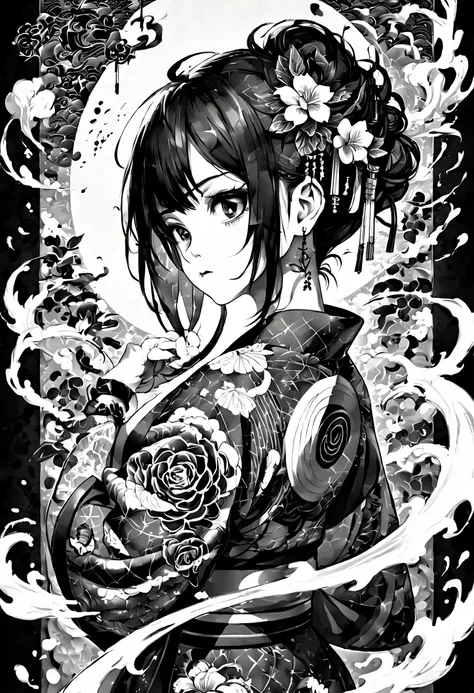 (best quality,highres),black and white ink painted high resolution masterpiece,tattoo,1girl,japanese style,highly detailed,stron...