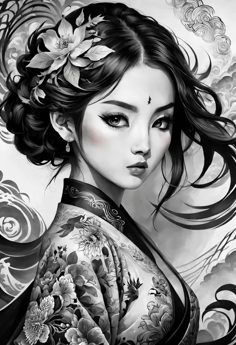 1girl,ink painting,tattoo,Japanese style,black and white,high resolution,strokes,attention to detail,traditional,artistic,flowing lines,dynamic composition,symbolic meanings,ethereal beauty,intricate designs,subtle shading,contrast,expressive eyes,masterfu...