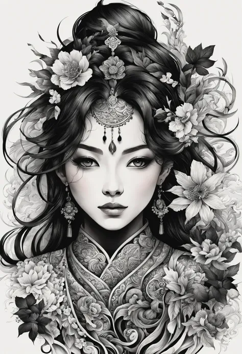 (high quality,black and white ink paint stroke:1.2),ultra-detailed,1girl,Japanese tattoo,graceful pose,symmetrical composition,floral motifs,geometric patterns,subtle shading,traditional art techniques,artistic elegance,sleek lines,dramatic contrast,intric...