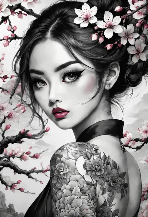 (best quality,4k,8k,highres,masterpiece:1.2),ultra-detailed,black and white,ink paint,japanese tattoo,beautiful detailed eyes,beautiful detailed lips,extremely detailed eyes and face,long eyelashes,fine line work,delicate shading,artistic composition,tradi...