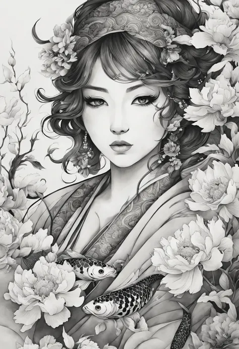 (best quality,highres,ultra-detailed),black and white ink paint strokes,japanese tattoo,1girl (detailed eyes, detailed lips),tra...