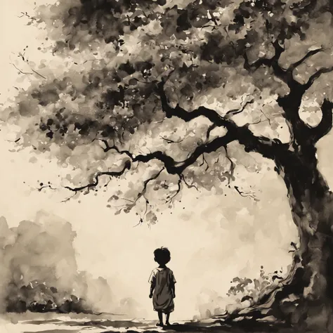 child under tree，ink painting，ink style