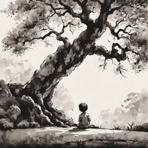 child under tree，ink painting，ink style