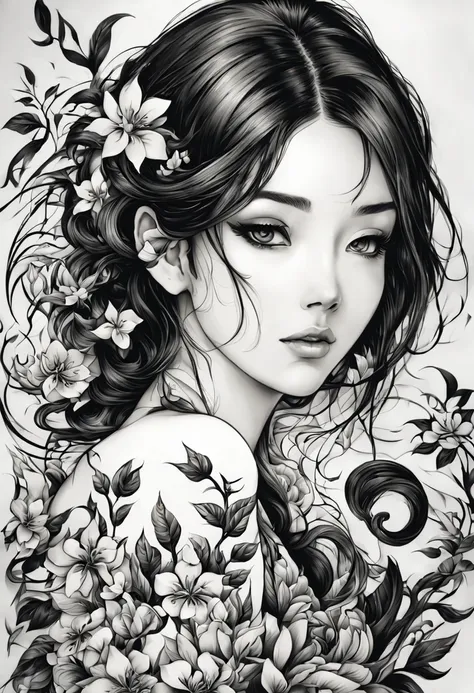 (high quality,4k,8k,highres,masterpiece:1.2),ultra-detailed,detailed eyes, detailed lips,black and white ink paint stroked japanese tattoo,girl with intricate traditional tattoo,sleek dark hair flowing down,subtle shading and highlights,traditional Japanes...