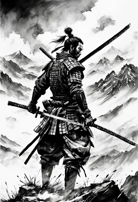 "katana!!! black and white ink drawing of samurai on battle field, fog!!! epic mountainscape!!! super high mountains!!! epic bea...