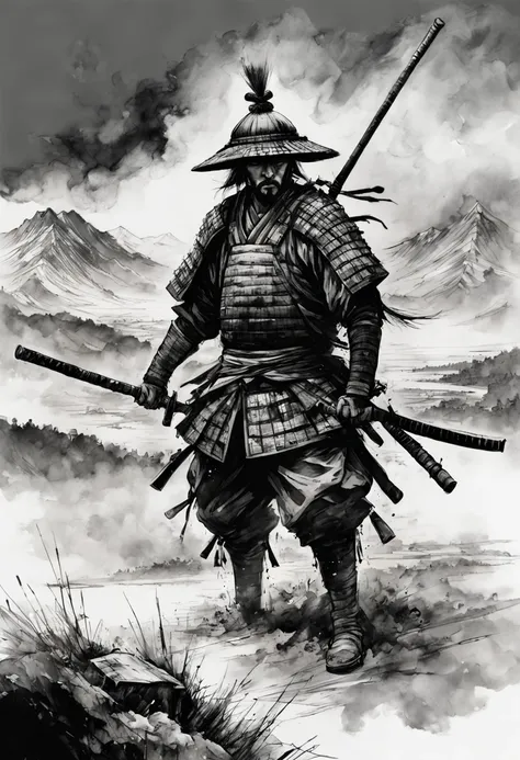 "katana!!! black and white ink drawing of samurai on battle field, fog!!! epic mountainscape!!! super high mountains!!! epic bea...