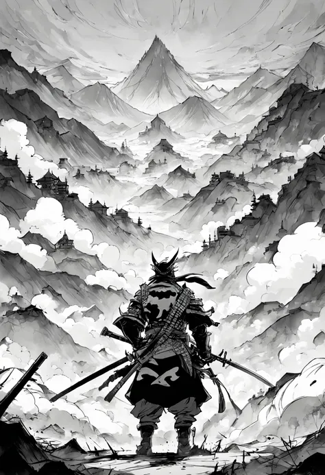 1boy,"katana!!! black and white ink drawing of samurai on battlefield, fog!!! epic mountainscape!!! super high mountains!!! epic...