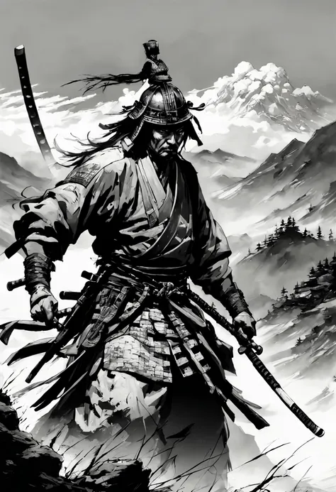 "katana!!! Black and white ink drawing of samurai on battlefield, fog!!! epic mountainscape!!! super high mountains!!! epic beautiful clouds, whistlerian, cinematic view”, Masterpiece, Intricate, Insanely Detailed, Art by Kim Jung Gi, Yoji Shinkawa, Guy De...