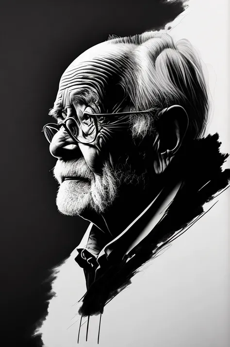 (ink style art), portrait of an old man, A work expressing the loneliness of the elderly, Works drawn with thick brush and ink, vector style, black ink, white background, Simple style, Bold brush strokes, high quality, Outlined in black ink, the figure is ...