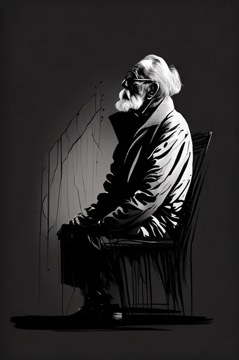 (ink style art), portrait of an old man, A work expressing the loneliness of the elderly, Works drawn with thick brush and ink, vector style, black ink, white background, Simple style, Bold brush strokes, high quality, Outlined in black ink, the figure is ...