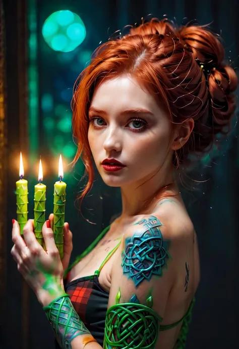 35AWARDS body art category winner, John Poppleton photography, enchanting red-haired models grouped, holding candles, backs adorned with Alberto Seveso-inspired Celtic symbols, patterns in neon green, red, blue hues against black, red tartan background, in...