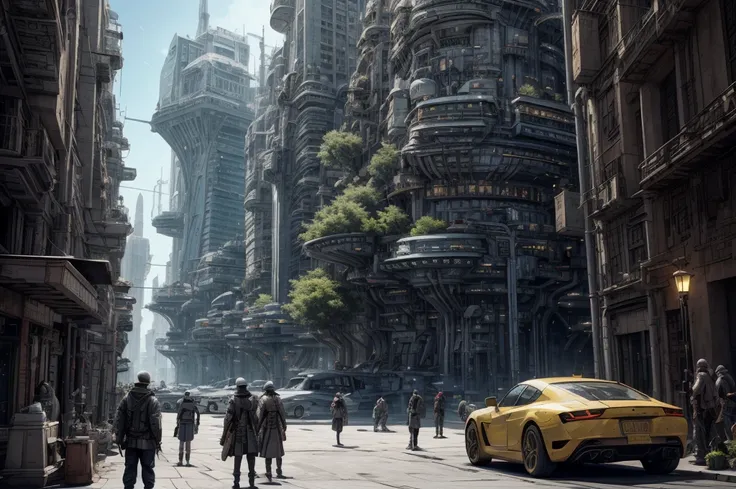 Incredible fantasy city, mega skyscrapers, flying cars, space elevator towers, Super Detail, trees, flowers, Many different buildings, spaceships in the sky, Ultra detail, many elements, blue and gold, yellow numbers on the towers,