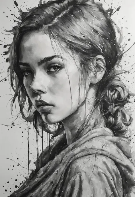 1girl, black and white ink drawing, hyperrealistic, splash art, concept art, mid shot, intricately detailed, dramatic, 2/3 face ...