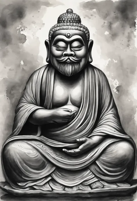 Intricately detailed ink painting of Daruma Daishi statue, One serene figure in monks robes, greyscale monochrome,