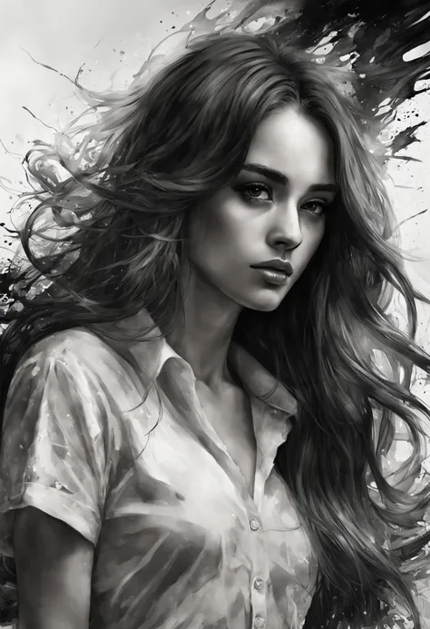 1girl, (best quality,highres:1.2),ultra-detailed,black and white ink drawing,hyperrealistic,dramatic lighting,detailed facial features,compelling expression,girl with long flowing hair,fine lines and shading,intense gaze,intimate mid shot,concept art,splas...