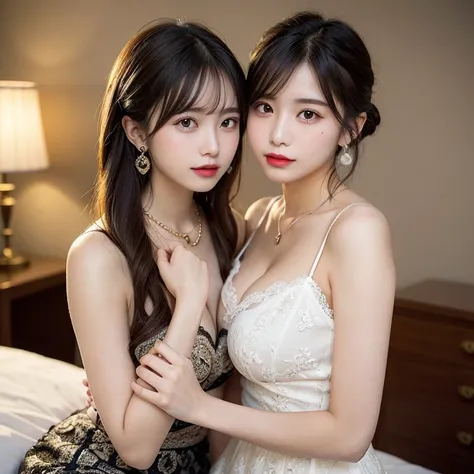 finely detail, high resolution, high quality、Perfect dynamic composition, Beautiful detailed eyes, PONY tail hair, Beautiful breasts 、Natural Color Lip, up of face,Kamimei、2 girls in、Transparent skin、Glowing hair、 luxury clothes、tight skirt、intricate lace、...