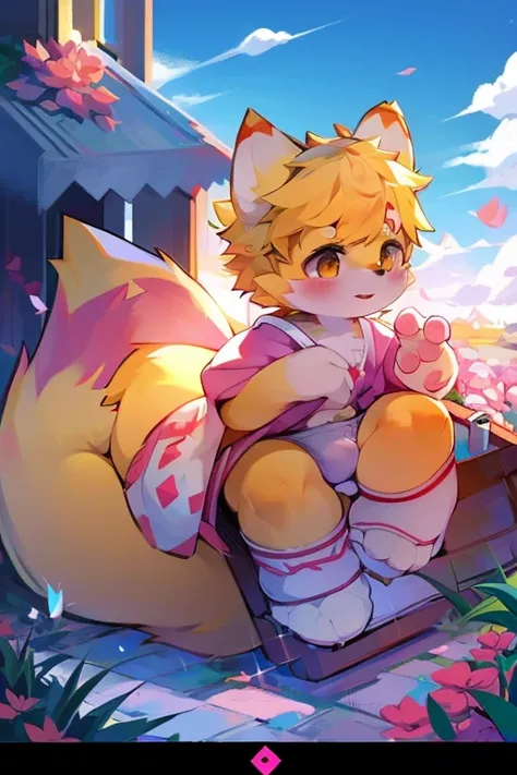 Cute little golden wolf fox，big tail，Golden coat color，Diapers，Pink pads，blush，瑟瑟。