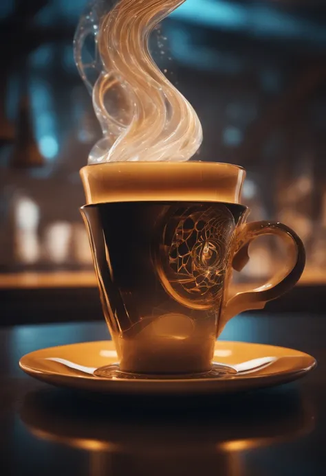 A surreal and abstract image of a coffee concept, where a coffee cup is designed in the shape of an non-Euclidean spiral planes, defying gravity. The coffee inside the cup is swirling in a hypnotic pattern, symbolizing quantum entanglement. The background ...