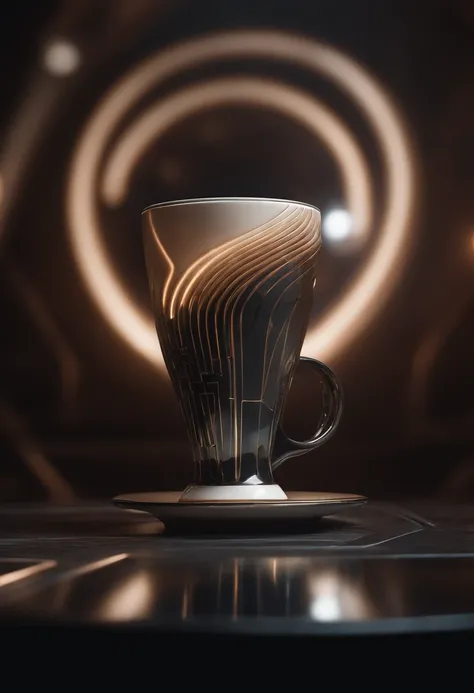 A surreal and abstract image of a coffee concept, where a coffee cup is designed in the shape of an non-Euclidean spiral planes, defying gravity. The coffee inside the cup is swirling in a hypnotic pattern, symbolizing quantum entanglement. The background ...