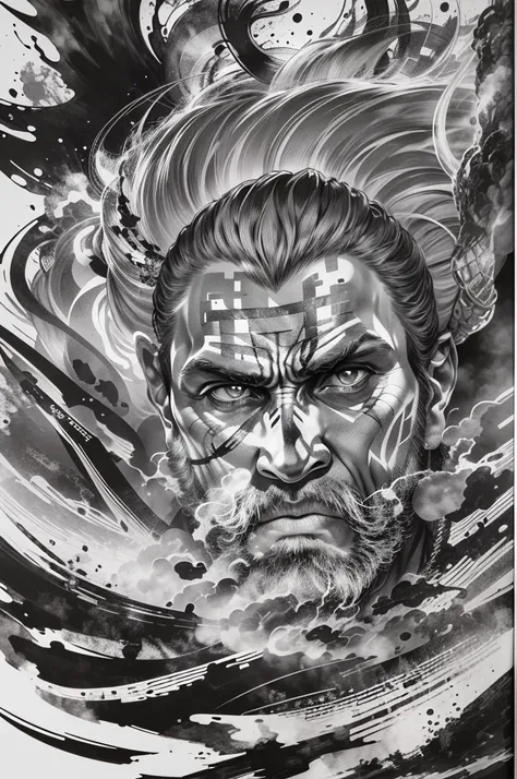 (black and white), (ink style art:1.3), (one human man)、warrior portrait、abstract painting、Proud tribal warrior heading into battle、A roar to war、Overflowing life energy、(black ink, Ink texture), (white background), vector style、Simple style, thick and bol...