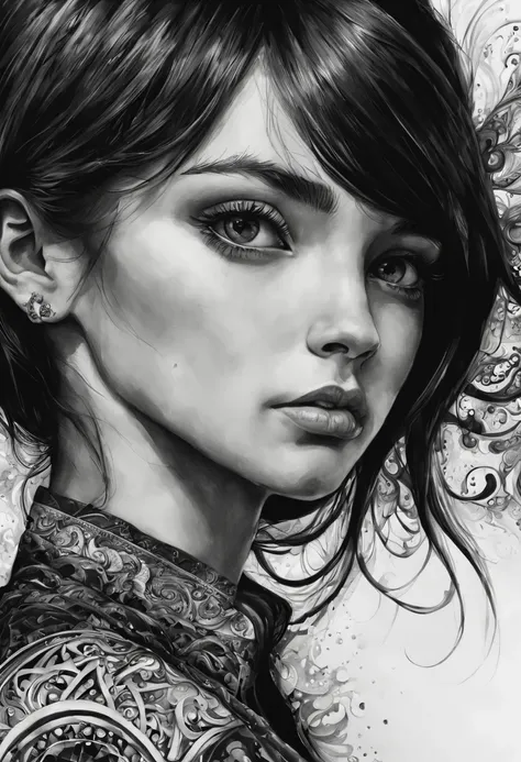 1girl, a girl in black and white ink drawing with hyperrealistic details and intricate patterns, captured in a mid-shot, showcas...