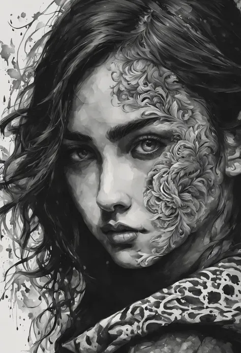 1girl, a girl in black and white ink drawing with hyperrealistic details and intricate patterns, captured in a mid-shot, showcas...