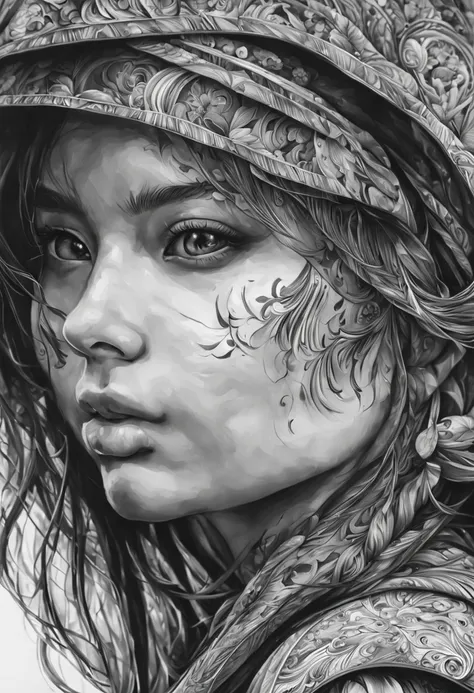 1girl, a girl in black and white ink drawing with hyperrealistic details and intricate patterns, captured in a mid-shot, showcas...